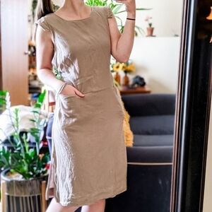 Prologue Lagenlook Linen Blend Peasant Beige Cottagecore Midi Dress - Size Small
